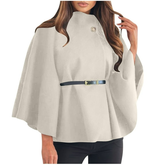 GigrtiJin Women's Elegant Turtleneck Button Cape Coats Solid Color Loose Long Sleeve Winter Jackets with Belt