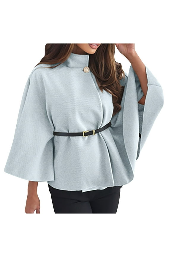 Women's Elegant Turtleneck Button Cape Coats Solid Color Loose Long Sleeve Winter Jackets with Belt