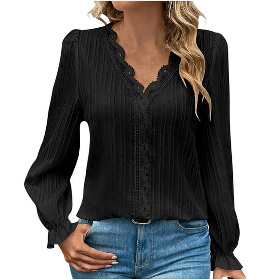 GigrtiJin Women's Fall Puff Long Sleeve Tops Fashion V Neck Lace Floral Tunic Shirts Casual Loose Office Blouses
