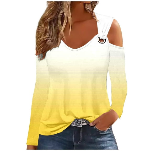 GigrtiJin Women's Fall Gradient Shirts Long Sleeve Cold Shoulder Scoop Neck Blouse Casual Loose Pullover Top