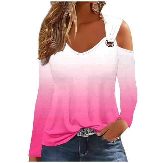 GigrtiJin Women's Fall Gradient Shirts Long Sleeve Cold Shoulder Scoop Neck Blouse Casual Loose Pullover Top