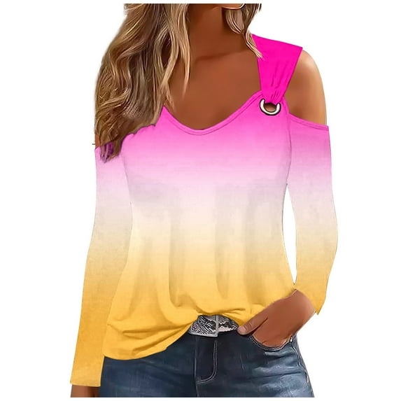 GigrtiJin Women's Fall Gradient Shirts Long Sleeve Cold Shoulder Scoop Neck Blouse Casual Loose Pullover Top
