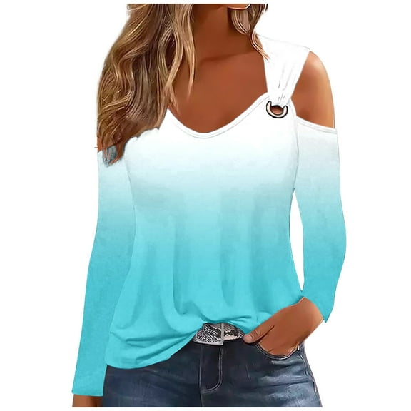 GigrtiJin Women's Fall Gradient Shirts Long Sleeve Cold Shoulder Scoop Neck Blouse Casual Loose Pullover Top
