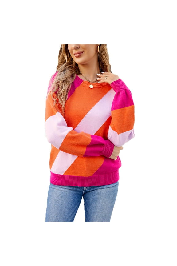 Women's Fall Knitted Pullover Sweaters Casual Round Neck Color Block Blouses Going out Comfy Loose Tops