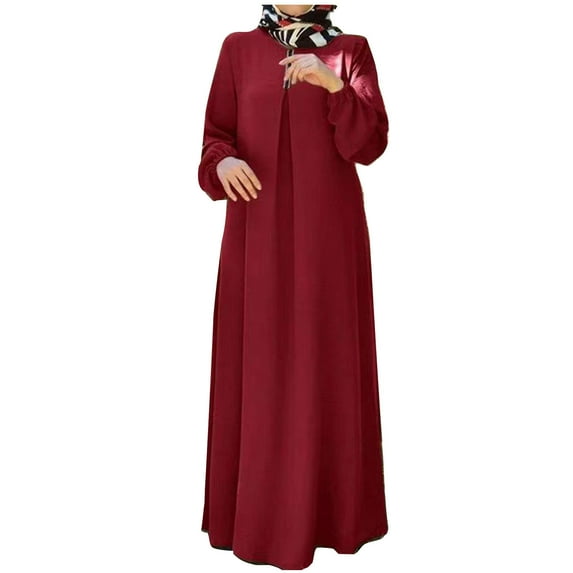 GigrtiJin Women's Fall Plus Size Crewneck Maxi Dress Elegant Lantern Long Sleeve Pleated Front Solid Color Dresses