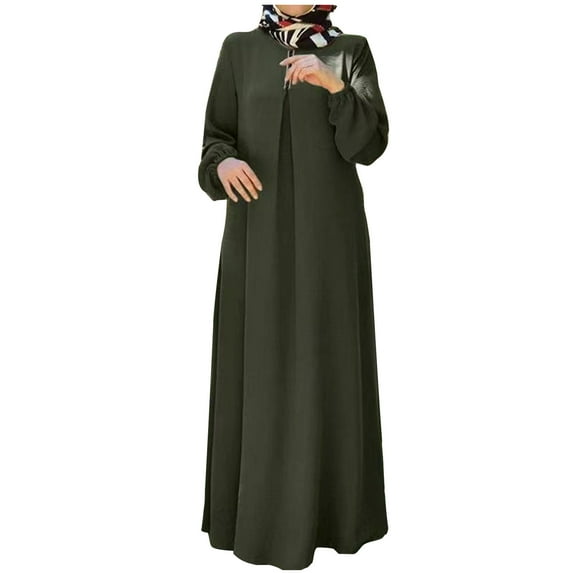 GigrtiJin Women's Fall Plus Size Crewneck Maxi Dress Elegant Lantern Long Sleeve Pleated Front Solid Color Dresses