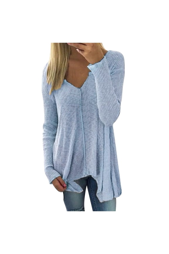 Women's Fall Plus Size Sweaters Long Sleeved V Neck Irregular Hem Knitted Tops Loose Casual Thin Sweaters