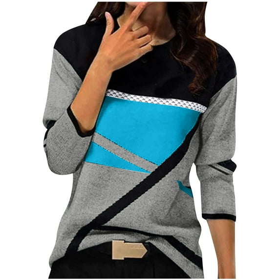 GigrtiJin Women's Fall T-Shirt Long Sleeves Colorblock Round Neck Casual Loose Tops Fashion Comfy Pullover Blouse