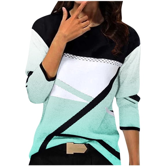 GigrtiJin Women's Fall T-Shirt Long Sleeves Colorblock Round Neck Casual Loose Tops Fashion Comfy Pullover Blouse