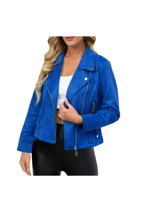 Women's Fall Winter New Jacket Lapel Collar Zipper Crop Fashion Jacket Tops Long Sleeve Solid Color Coats