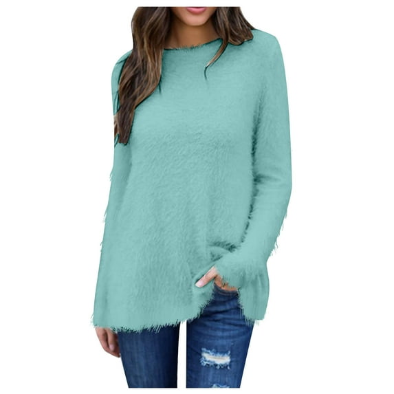 GigrtiJin Women鈥檚 Fall Winter Sweaters Long Sleeve Round Neck Plush Sweater Tops Solid Color Comfy Loose Blouse