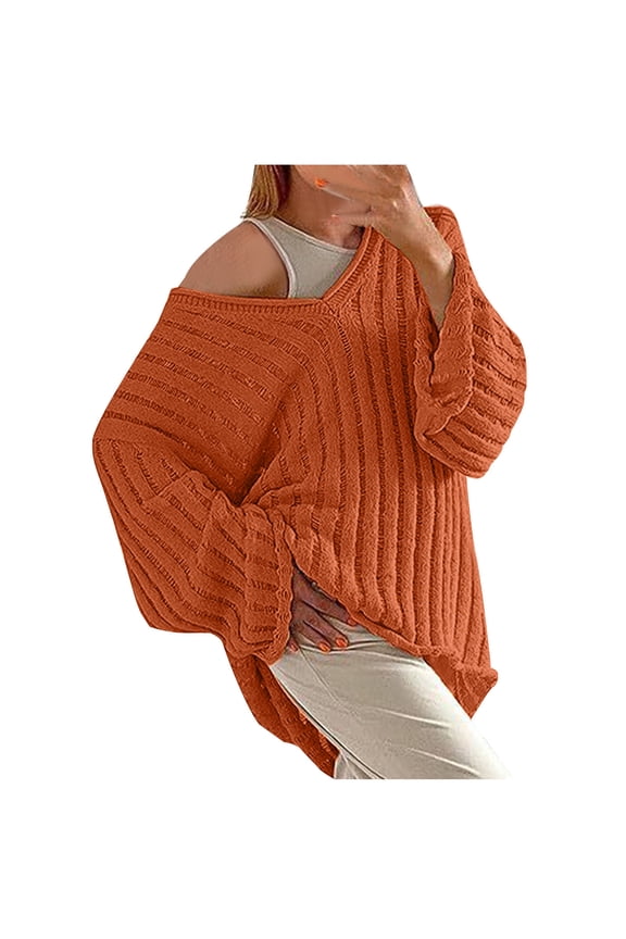 Women's Fall Winter V-Neck Sweater Lightweight Oversized Casual Sweater Solid Color Knit Pullover Sweater Tops