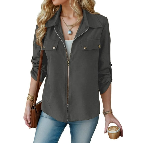 GigrtiJin Women's Fashion Long Sleeves Jackets Fall Casual Lapel Zip up Jacket Solid Color Coat with Pocket