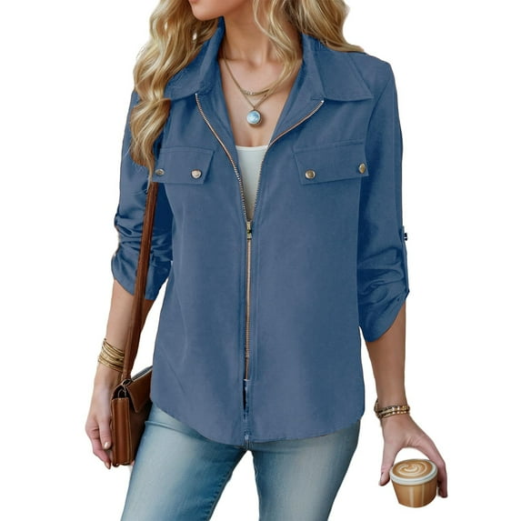GigrtiJin Women's Fashion Long Sleeves Jackets Fall Casual Lapel Zip up Jacket Solid Color Coat with Pocket