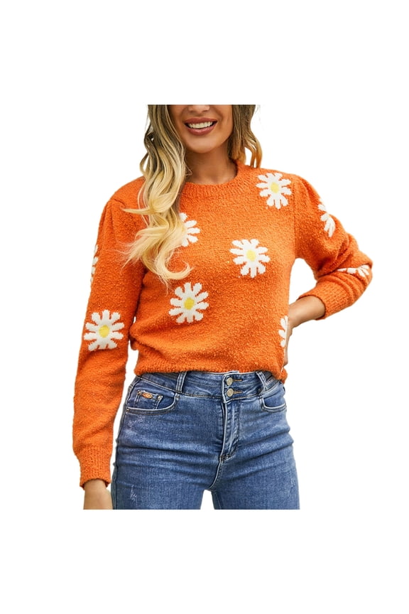 Women's Flower Printed Sweaters Long Sleeves Crewneck Casual Pullover Sweater Tops Comfy Loose Warm Blouse