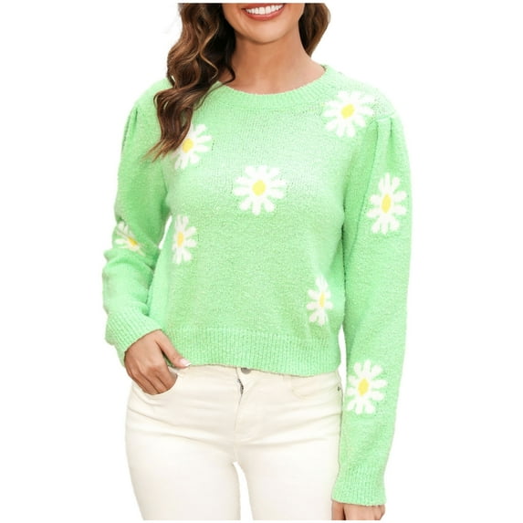 GigrtiJin Women's Flower Printed Sweaters Long Sleeves Crewneck Casual Pullover Sweater Tops Comfy Loose Warm Blouse