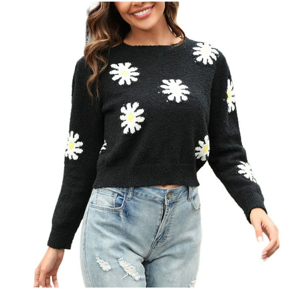 GigrtiJin Women's Flower Printed Sweaters Long Sleeves Crewneck Casual Pullover Sweater Tops Comfy Loose Warm Blouse