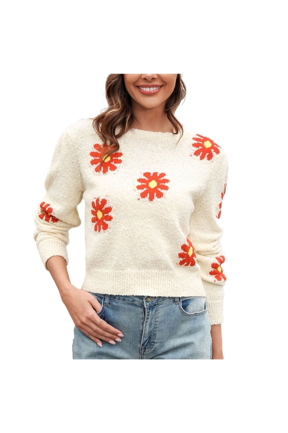 Women's Flower Printed Sweaters Long Sleeves Crewneck Casual Pullover Sweater Tops Comfy Loose Warm Blouse