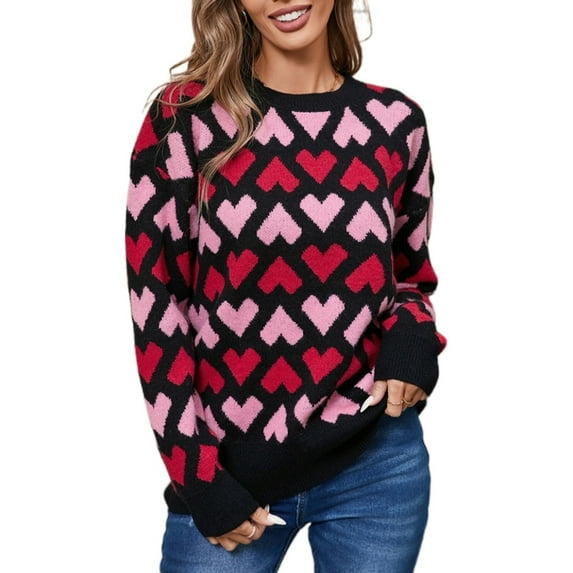 GigrtiJin Women's Heart Printed Sweaters Tops Casual Round Neck Long Sleeve Pullover Sweater Fashion Cute Cozy Blouse