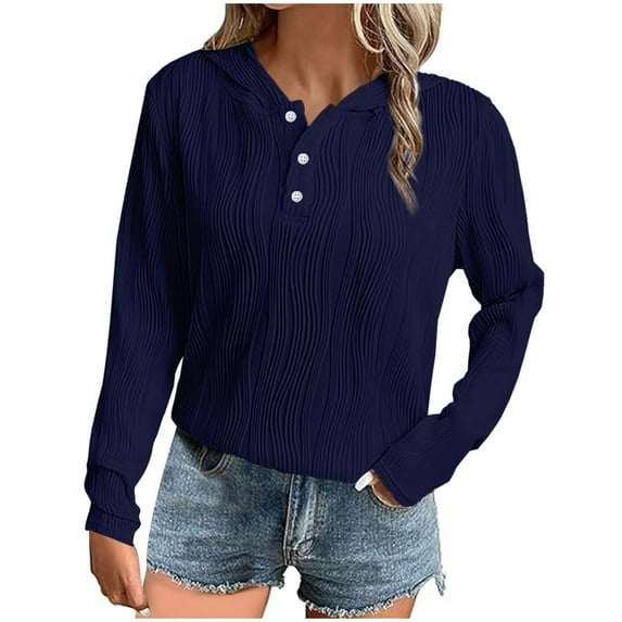 GigrtiJin Women's Hooded Shirts Casual Crew Neck Button Pullover Tops Solid Color Long Sleeves Cozy Blouses