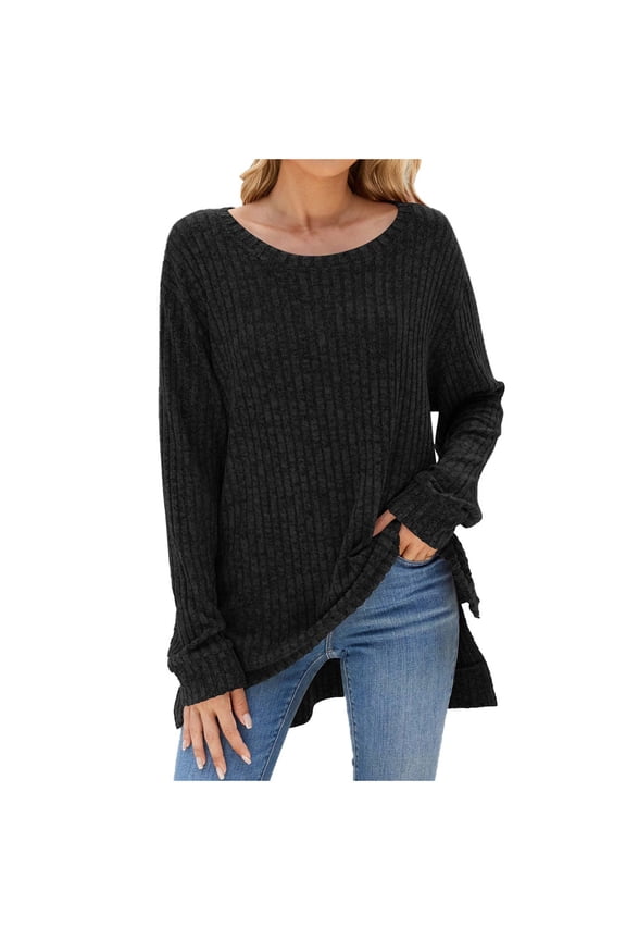 Women's Knit Ribbed Sweaters Blouses Long Sleeve Round-Neck Side Slit Shirts Solid Color Casual Basic Tops