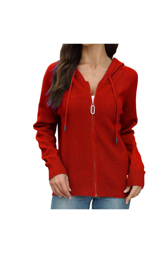 Women's Knitted Cardigan Sweater Fall Hooded Zip up Sweaters Coats Casual Drawstring Solid Color Coats