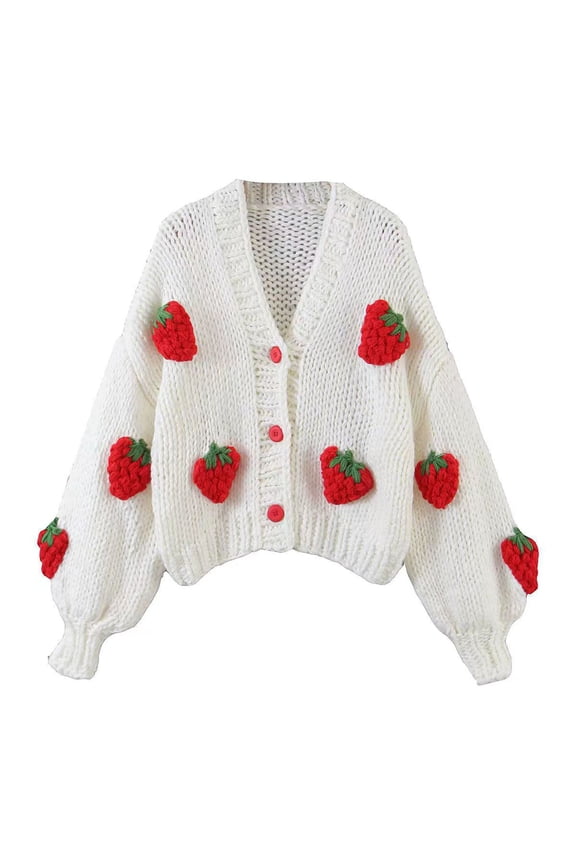 Women's Knitted Cardigan Sweater Top Long Sleeves V Neck Button down Blouses Casual Cute Strawberry Sweaters