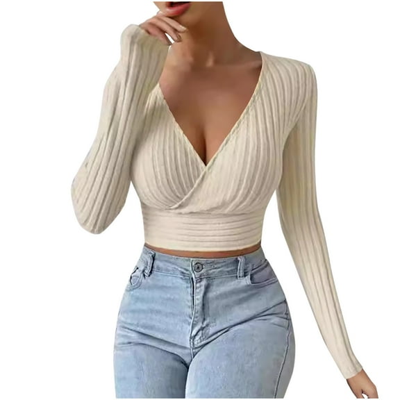 GigrtiJin Women's Knitted Cropped Sweaters Casual V-Neck Solid Color Pullover Tops Long Sleeves Comfy Blouses