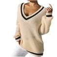 thumbnail image 1 of GigrtiJin Women's Knitted Sweater Long Sleeve V Neck Striped Pullover Sweaters Top Fashion Loose Comfy Blouses, 1 of 6