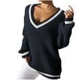 thumbnail image 1 of GigrtiJin Women's Knitted Sweater Long Sleeve V Neck Striped Pullover Sweaters Top Fashion Loose Comfy Blouses, 1 of 6