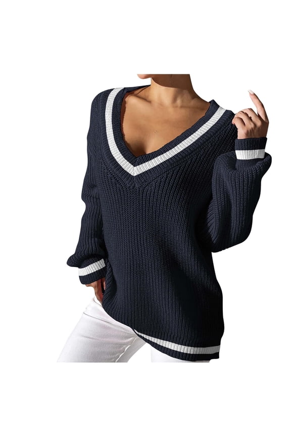 Women's Knitted Sweater Long Sleeve V Neck Striped Pullover Sweaters Top Fashion Loose Comfy Blouses