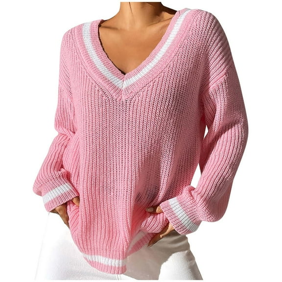 GigrtiJin Women's Knitted Sweater Long Sleeve V Neck Striped Pullover Sweaters Top Fashion Loose Comfy Blouses