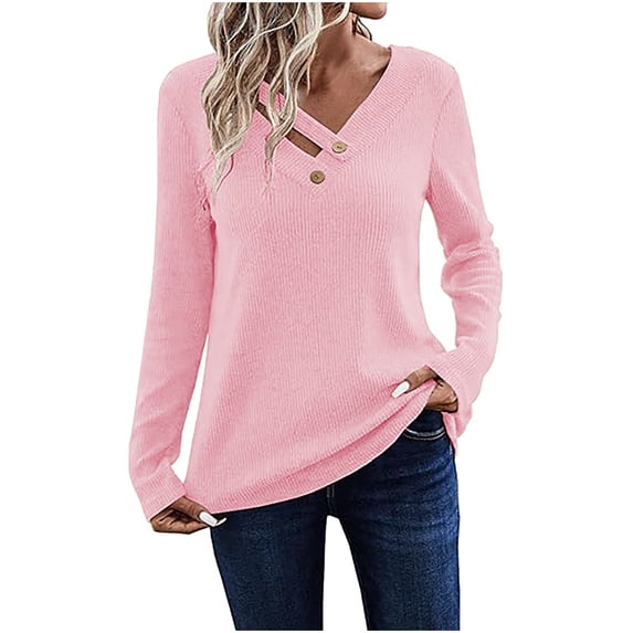 GigrtiJin Women's Knitted Sweaters V-Neck Long Sleeved Lightweight Waistband Pullover Top Casual Comfy Loose Blouse