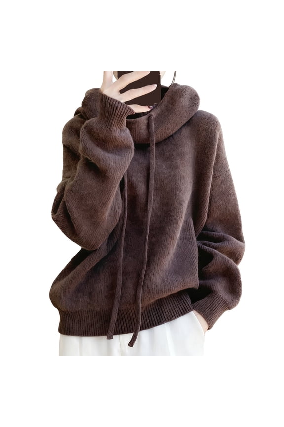 Women's Knitting Cotton Sweater Brown High Neck Drawstring Long Sleeve Tops Loose Trendy Casual Blouse