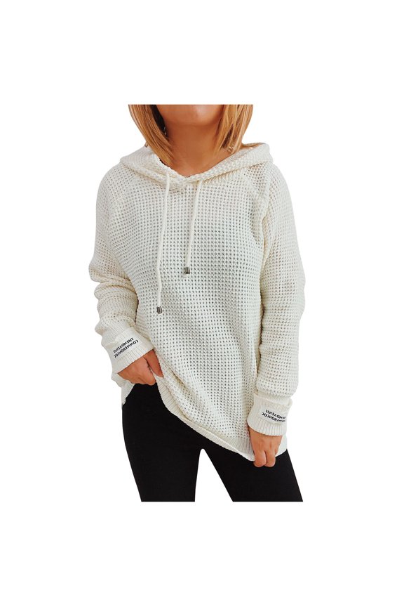 Women's Knitting Hooded Sweater Casual Long Sleeve Drawstring Loose Blouse Comfy Solid Color Pullover Tops