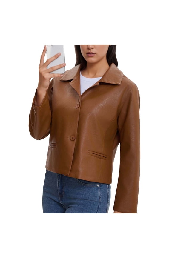 Women's Leather Cropped Jacket Solid Color Turndown Collar Button Down Long Sleeve Outcoat Trendy Vintage Outwear
