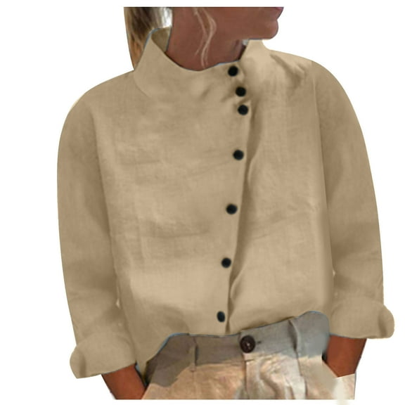 GigrtiJin Women's Long Sleeve Collared T Shirt Solid Color Cotton Linen Comfy Blouses Fall Loose Trendy Casual Tops
