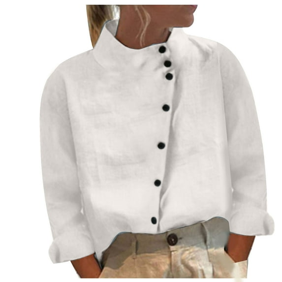 GigrtiJin Women's Long Sleeve Collared T Shirt Solid Color Cotton Linen Comfy Blouses Fall Loose Trendy Casual Tops