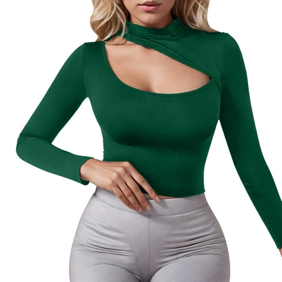 GigrtiJin Women's Long Sleeve Crop Tops Cut out Slim Skinny Solid Color Blouse Going out Party Spring Fashion Shits