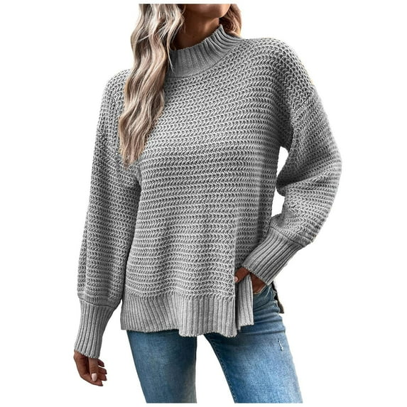 GigrtiJin Women's Long Sleeve Knit Sweaters Round Neck Solid Color Side Slit Sweater Tops Casual Loose Pullover Blouse