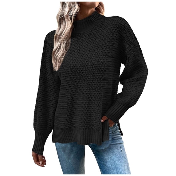 GigrtiJin Women's Long Sleeve Knit Sweaters Round Neck Solid Color Side Slit Sweater Tops Casual Loose Pullover Blouse