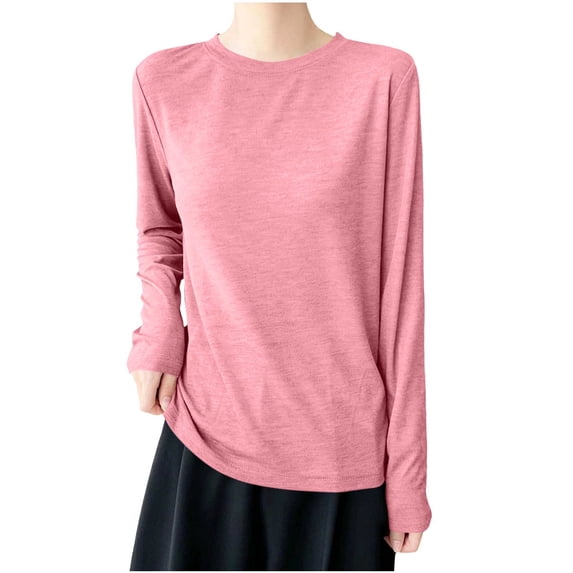 GigrtiJin Women's Long Sleeve Shirts Basic Baggy Pullover Tops Round Neck Lightweight Solid Color Shirts