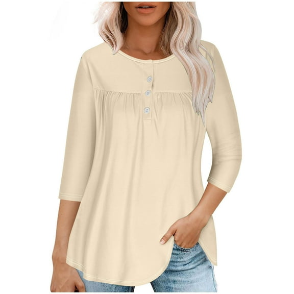 GigrtiJin Women's Long Sleeve Tops Spring Ruched Hem Button up Tunic Tees Solid Crew Neck Casual Basic T-Shirts