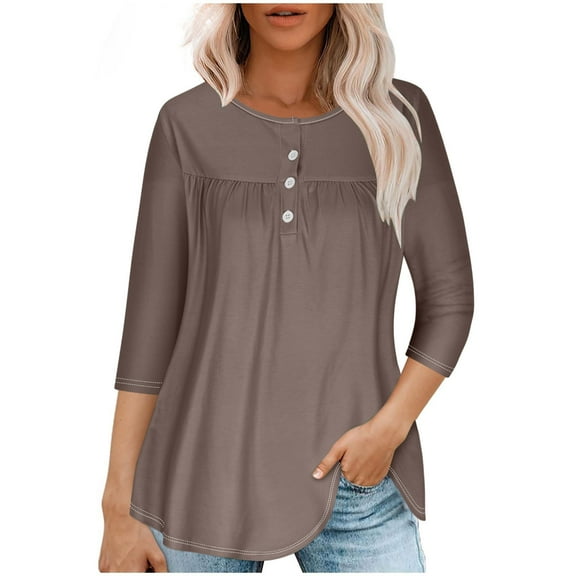 GigrtiJin Women's Long Sleeve Tops Spring Ruched Hem Button up Tunic Tees Solid Crew Neck Casual Basic T-Shirts