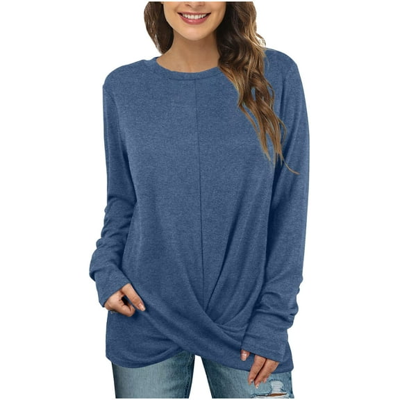 GigrtiJin Women's Long Sleeve Tunic Tops Casual Crewneck T-Shirts Front Twist Tee Top Fashion Solid Pullover Blouse