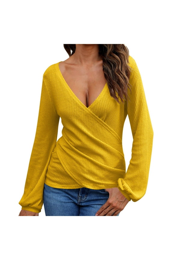 Women's Long Sleeve Wrap Tops Casual Waffle Knit V Neck Shirts Solid Color Ruched Slim Tunic Top