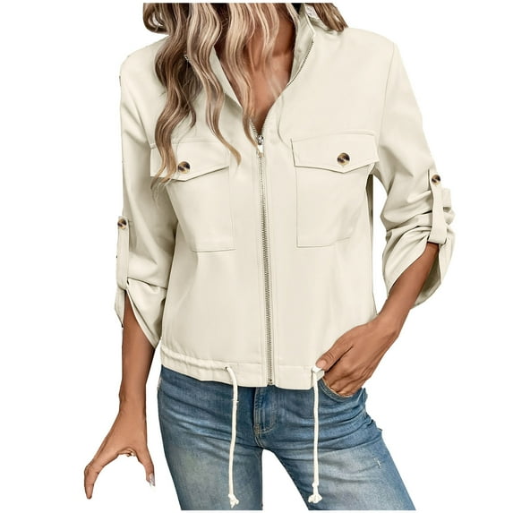 GigrtiJin Women's Long Sleeves Lapel Jackets Casual Solid Color Zip up Fashion Coats Loose Comfy Jacket with Pockets
