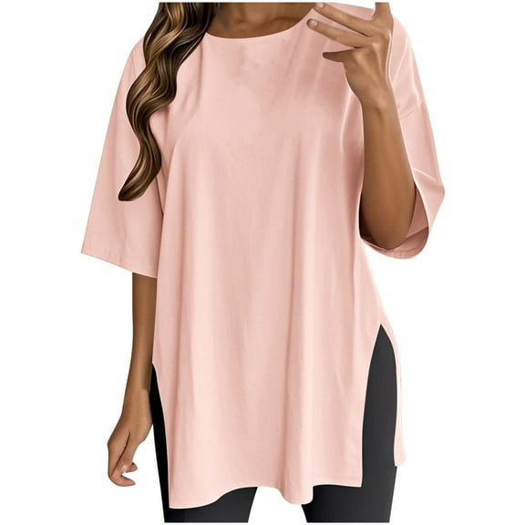 GigrtiJin Women's Loose Dressy Tops Crew Neck Short Sleeve Extra Long Hem Solid Color Blouse Trendy Tunic Shirt