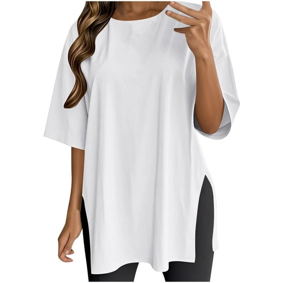 GigrtiJin Women's Loose Dressy Tops Crew Neck Short Sleeve Extra Long Hem Solid Color Blouse Trendy Tunic Shirt