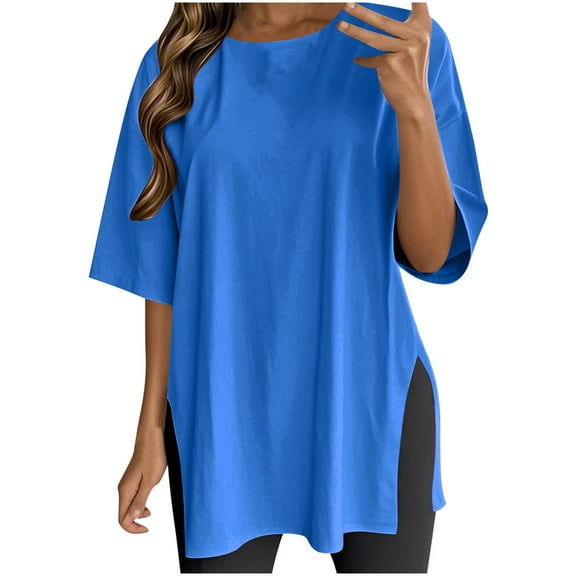 GigrtiJin Women's Loose Dressy Tops Crew Neck Short Sleeve Extra Long Hem Solid Color Blouse Trendy Tunic Shirt